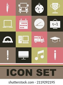 Set Pencil With Eraser, Graduation Cap, Chalkboard, Clock, Calendar, Laptop,  And Acute Angle Icon. Vector