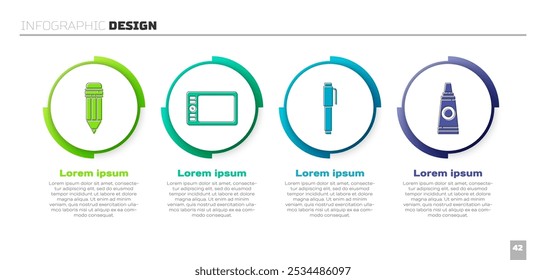 Defina Lápis com borracha, mesa digitalizadora gráfica, caneta e tubo com paleta de tinta. Modelo de infográfico comercial. Vetor