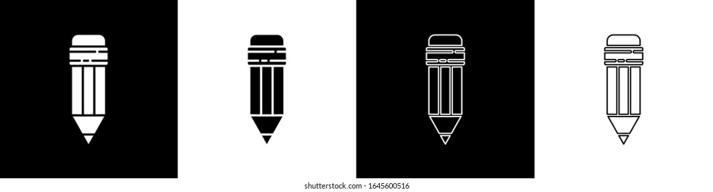 Set Pencil with eraser icon isolated on black and white background. Drawing and educational tools. School office symbol.  Vector Illustration