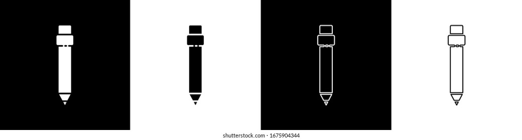 Set Pencil with eraser icon isolated on black and white background. Drawing and educational tools. School office symbol.  Vector Illustration