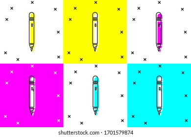 Set Pencil with eraser icon isolated on color background. Drawing and educational tools. School office symbol.  Vector Illustration