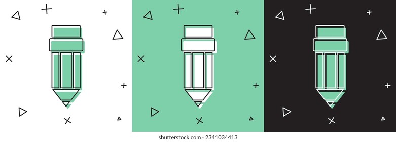 Set Pencil with eraser icon isolated on white and green, black background. Drawing and educational tools. School office symbol.  Vector