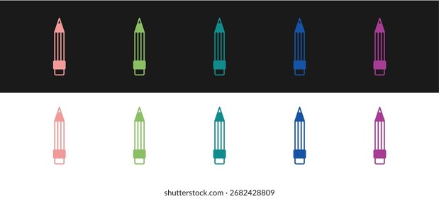 Set Pencil with eraser icon isolated on black and white background. Drawing and educational tools. School office symbol.  Vector