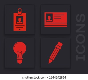 Set Pencil with eraser, Identification badge, Identification badge and Light bulb with concept of idea icon. Vector