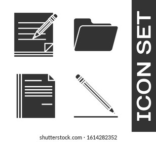 Set Pencil with eraser and line, Blank notebook and pencil with eraser, File document and Document folder icon. Vector