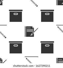 Set Pencil with eraser and line, Blank notebook and pen and Carton cardboard box on seamless pattern. Vector
