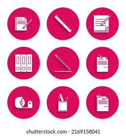 Set Pencil with eraser and line, case stationery, File document binder clip, Note paper pinned pushbutton, Scotch, Office folders papers documents, Blank notebook pen and  icon. Vector