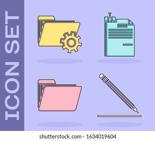 Set Pencil with eraser and line, Folder settings with gears, Document folder and File document and binder clip icon. Vector