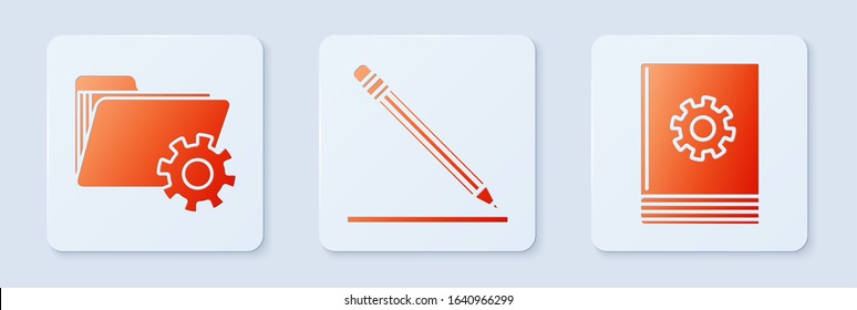 Set Pencil with eraser and line, Folder settings with gears and User manual. White square button. Vector