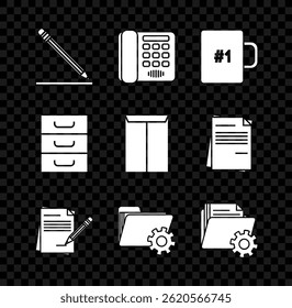 Set Pencil with eraser and line, Telephone, Coffee cup, Blank notebook pencil, Folder settings gears, Drawer documents and Envelope icon. Vector - Powered by Shutterstock - Get 15% off with code: PIKWIZARD15