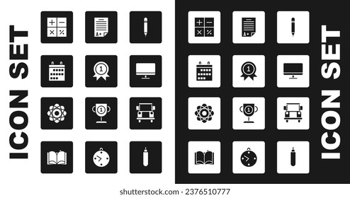 Set Pencil with eraser, Medal, Calendar, Calculator, Computer monitor screen, Exam sheet A plus grade, School Bus and Atom icon. Vector