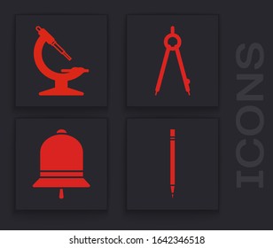 Set Pencil with eraser, Microscope, Drawing compass and Ringing bell icon. Vector