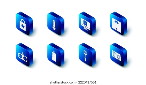 Set Pencil with eraser, Online play video, Bathroom scales, Music synthesizer, Spatula, Punching bag, Gamepad and Paper shopping icon. Vector