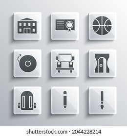 Set Pencil with eraser, Paint brush, sharpener, School Bus, backpack, Ringing alarm bell, building and Basketball ball icon. Vector