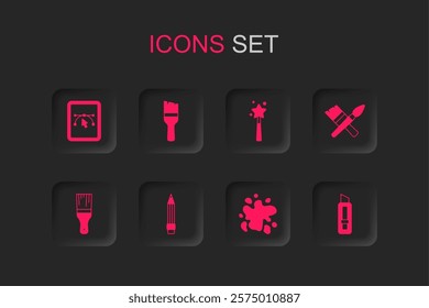 Set Pencil with eraser, Paint brush, Computer design program, spray, Stationery knife, Magic wand and  icon. Vector