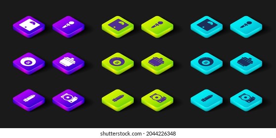 Set Pencil with eraser, Photo camera, Billiard pool snooker ball, Cooking pot, Joystick for arcade machine and Bathroom scales icon. Vector