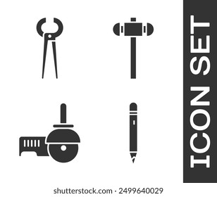 Set Pencil with eraser, Pincers and pliers, Angle grinder and Sledgehammer icon. Vector