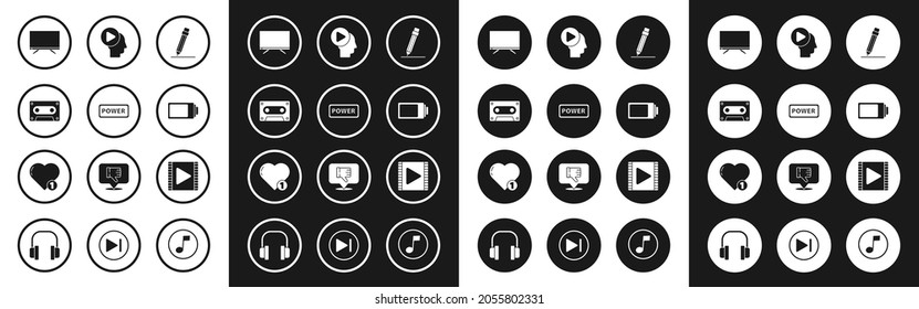 Ajuste el lápiz con borrador, botón de encendido, cinta de audio retro, Tv inteligente, indicador de nivel de carga de la batería, Reproducción de cabezales, Reproducción de video y Me gusta e icono del corazón. Vector