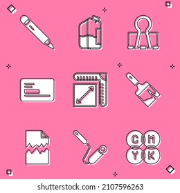 Set Pencil with eraser, Printer ink bottle, Binder clip, Business card, Paper size, Paint brush, Torn document and roller icon. Vector