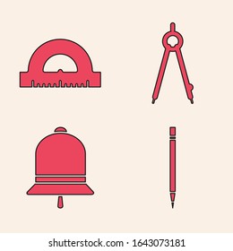 Set Pencil with eraser, Protractor grid for measuring degrees, Drawing compass and Ringing bell icon. Vector