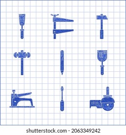 Poner lápiz con borrador, destornillador, molino de ángulo, cuchillo insignificante, grapadora de construcción, martillo, martillo, martillo e icono. Vector