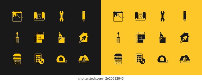 Set Lápiz con borrador, panel de acceso de teclado de seguridad, pincel de cubo de pintura, construcción de ruleta, Plan de la casa, llave inglesa e ícono. Vector