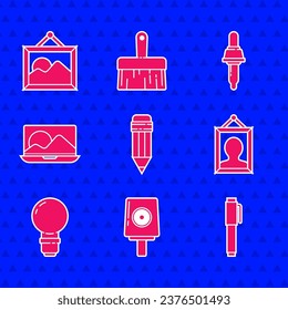 Set Pencil with eraser, Spray can nozzle cap, Picture, Light bulb, Laptop, Pipette and landscape icon. Vector