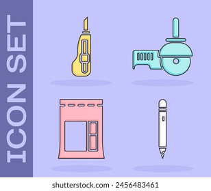 Set Pencil with eraser, Stationery knife, Cement bag and Angle grinder icon. Vector