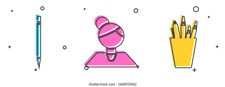 Set Pencil with eraser, Teacher and Pencil case stationery icon. Vector