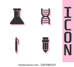 Set Pencil with eraser, Test tube and flask,  and DNA symbol icon. Vector