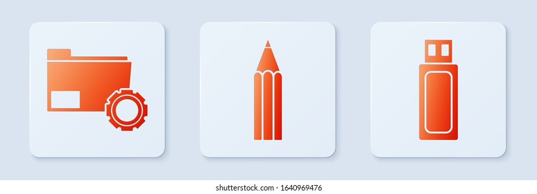 Set Pencil, Folder settings with gears and USB flash drive. White square button. Vector