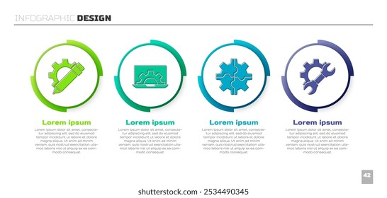 Set Lápiz y engranaje, ordenador portátil y engranaje, engranaje y llave inglesa y engranaje. Plantilla de infografía de negocios. Vector