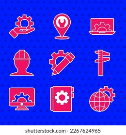 Set Pencil and gear, User manual, Globe of the Earth, Calliper or caliper scale, Computer monitor, Worker safety helmet, Laptop and Settings in hand icon. Vector