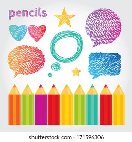 Set of pencil hand drawn bubbles with color pencils