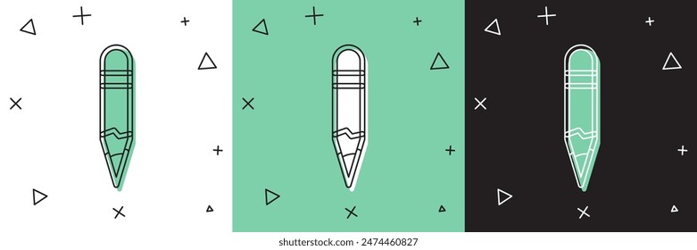 Set Pencil icon isolated on white and green, black background. Drawing and educational tools. School office symbol.  Vector