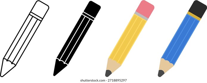 Conjunto de ícones de lápis em estilo de contorno, cor sólida e plana. Símbolo de educação e escrita isolado no fundo branco. Perfeito para escola, aprendizado, interface do usuário, aplicativo e design infográfico.