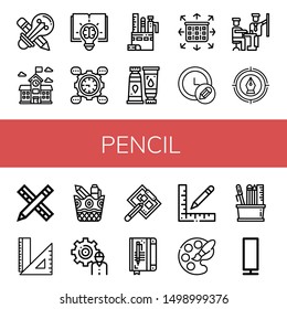 Set of pencil icons such as Creative design, School, Creative, Development, Stationery, Paint tube, Planning, Pencil, Pen, Rulers, Drawing board, Notebook, Ruler, Palette , pencil