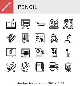 Conjunto de iconos de lápiz. Tales como Lápiz, Portátil, Pincel, Diseño, Arquitecto, Glue, Desarrollo, Escritura, Crayon, Sharpener, Libro de esbozo, Eyeliner, Diseño creativo, Paleta, iconos de lápiz