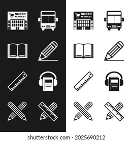 Set Pencil and line, Open book, Supermarket building, Bus, Ruler, Audio, Crossed ruler pencil and icon. Vector