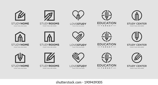 Plantilla de diseño de logotipo de lápiz. ilustración home, square, love, círculo, target combinado con el signo de lápiz de elemento.