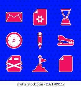 Set Pencil, Mountains with flag on top, File document, Stapler, Delete file, Clock, Old hourglass and Mail and e-mail icon. Vector