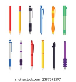 Set of Pencil and Pen Collections, Ballpoint Mechanical Pen and Eraser Pencil Stationery for Education Student and Collage, Business Tool Accessories. Vector Illustration