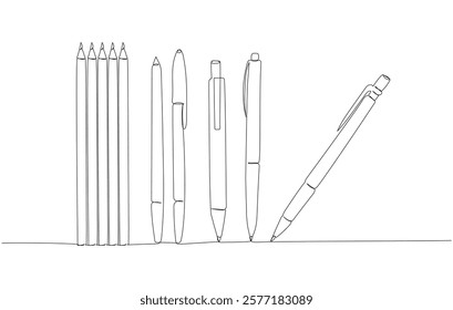 Set of pencil, pen, mechanical pen one line art. Continuous line drawing of online learning, school supplies, stationery storage, exam, office supplies, education.