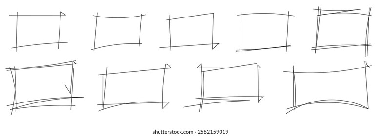 Set of pencil or pen sketch elements of squares and marks. Brush doodle shape for message note squares vector Illustration.