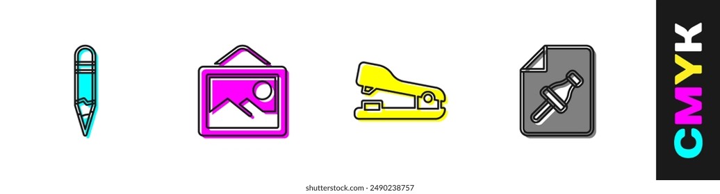 Set Pencil, Picture landscape, Stapler and Note paper with push button icon. Vector