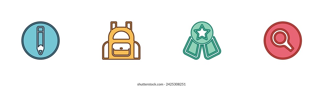 Set Pencil, School backpack, Medal with star and Magnifying glass icon. Vector