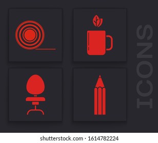 Set Pencil, Scotch, Cup of tea and leaf and Office chair icon. Vector