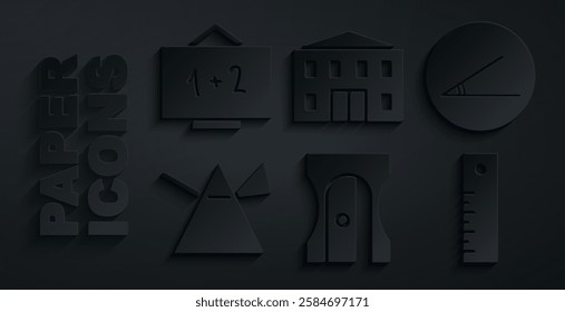 Set Pencil sharpener, Acute angle, Light rays in prism, Ruler, School building and Chalkboard icon. Vector