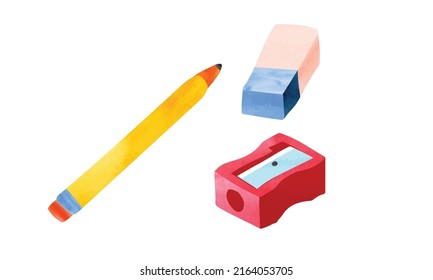 Set of pencil, sharpener and eraser watercolor drawing style vector illustration isolated on white background. Pencil watercolor, sharpener watercolor, eraser watercolor clipart. School supplies
