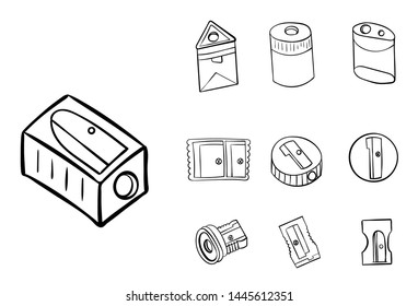 Set of pencil sharpener icon line symbol. Isolated on white.
Outline black and white school objects. Hand drawn style.